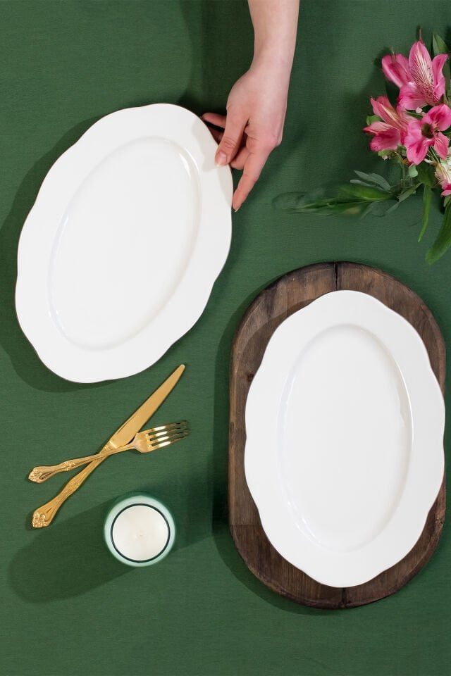 Porsima 4451 Yonca Porselen Platin Fileli Kayık Tabak Seti - Oval Kahvaltılık Sunumluk Seti 30cm