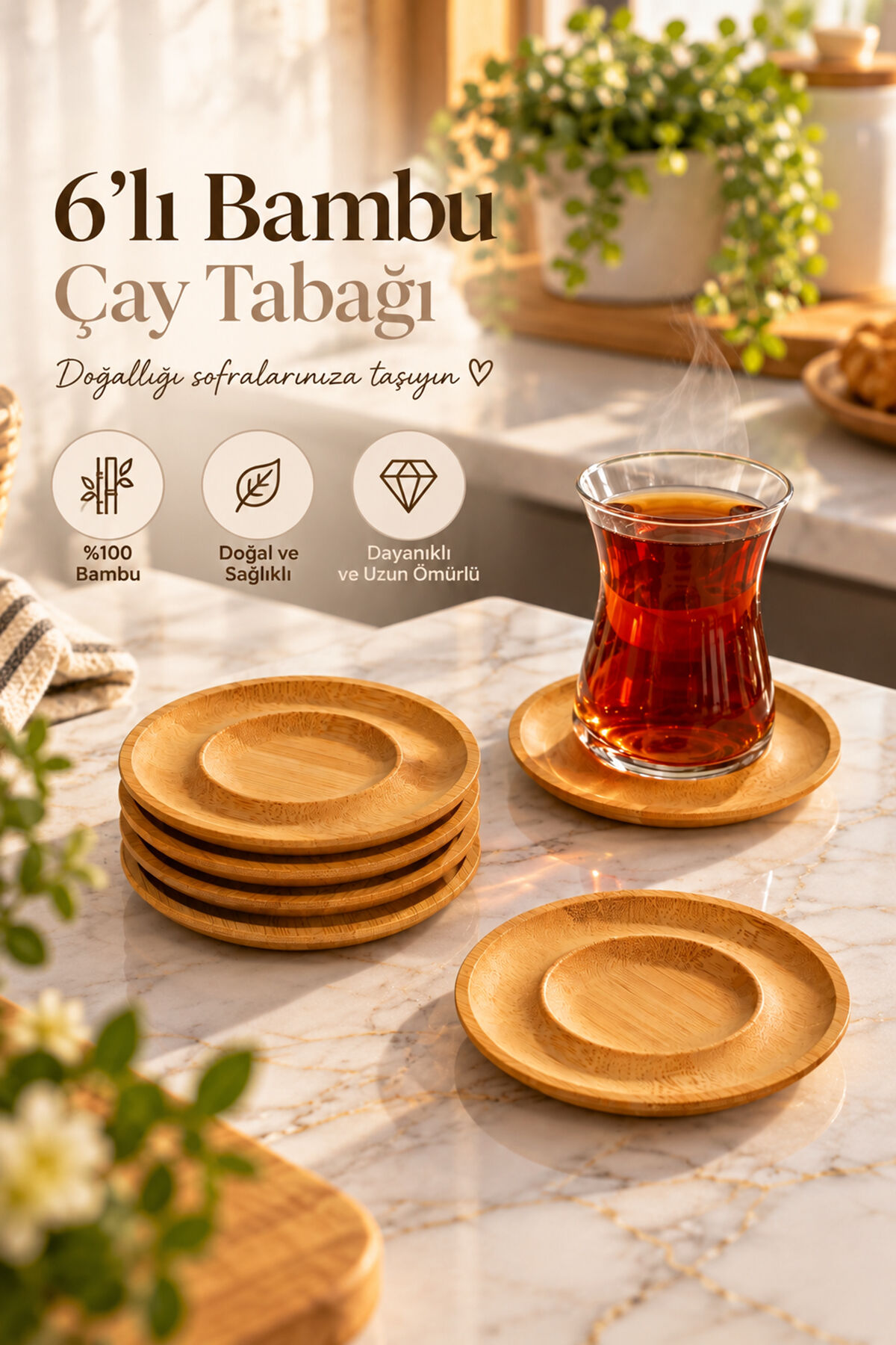 Porsima Pbt-708 6'lı Bambu Çay Tabağı Seti 10 Cm - Doğal Ahşap Yuvarlak Çay Bardağı Altlığı