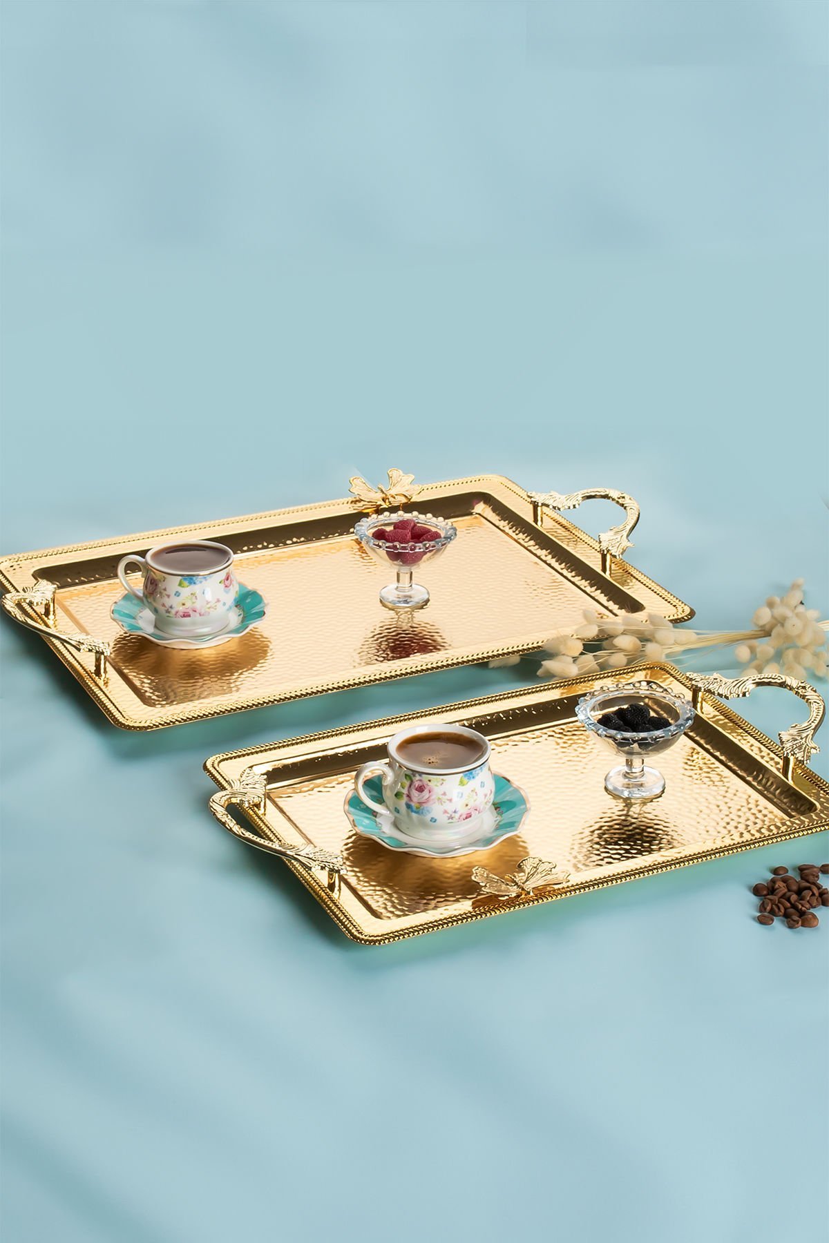 Porsima 3250 2li Gold Paslanmaz Çelik Kahve Tepsisi Kelebek Detaylı Dekoratif Servis Sunum Tepsisi