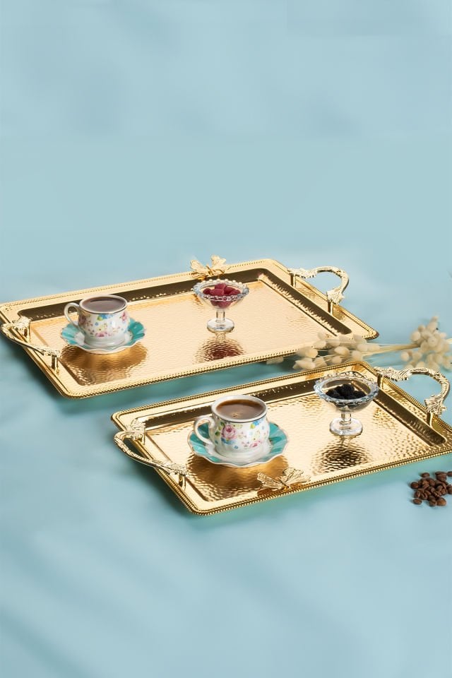 Porsima 3250 2li Gold Paslanmaz Çelik Kahve Tepsisi Kelebek Detaylı Dekoratif Servis Sunum Tepsisi