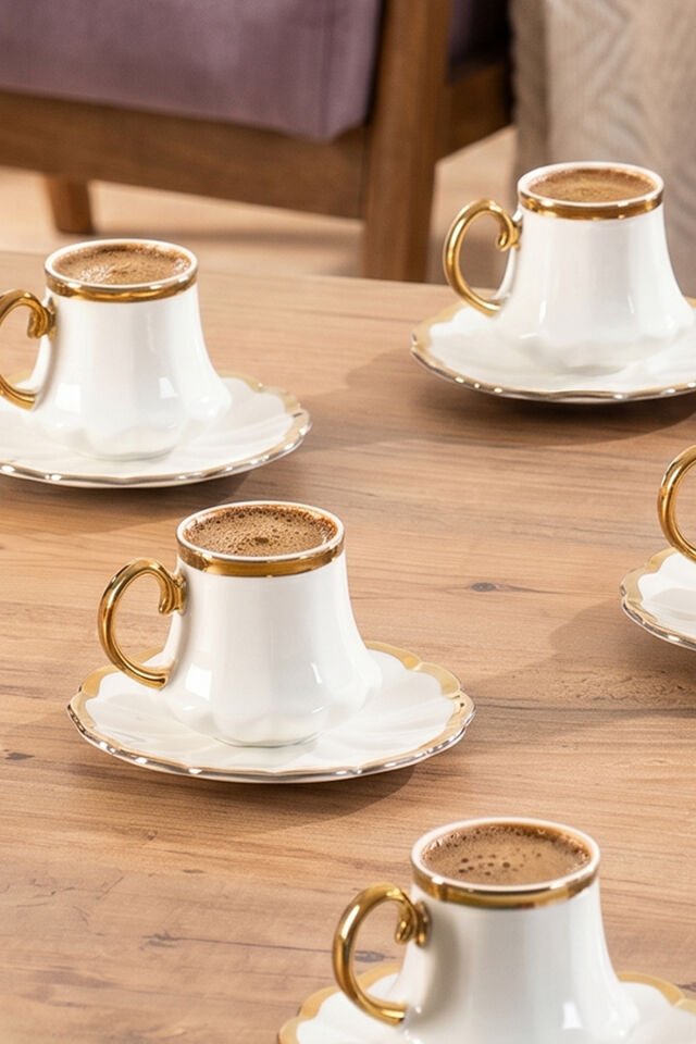 Perotti 1301040075 Cihangir 6 Kişilik Porselen Altın Yaldızlı Fincan Seti 12 Parça Türk Kahvesi Fincanı Takımı-90ml