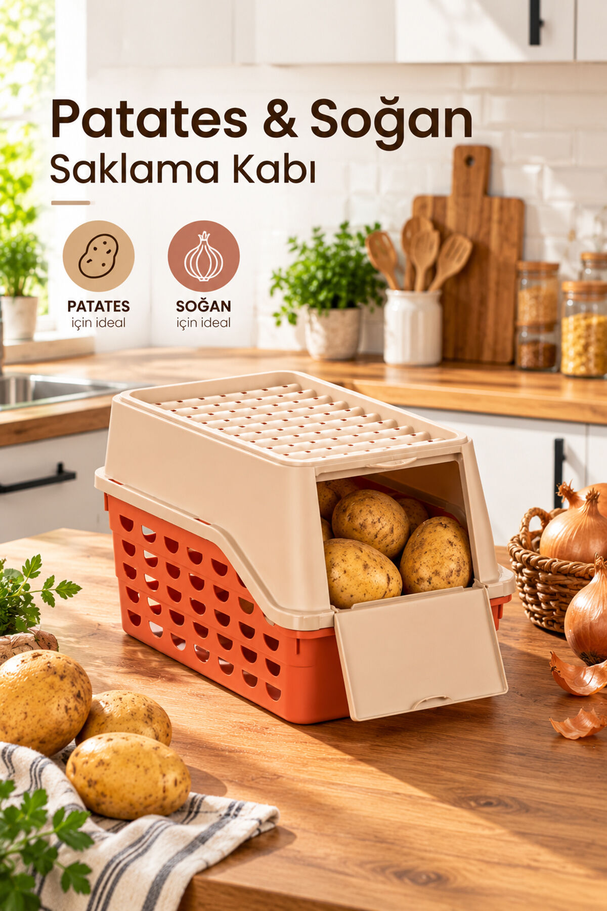 Porsima Hava Delikli Plastik Patates Ve Soğan Saklama Kutusu 26 Cm - Önü Açılır Kapaklı Kiler Ve Mutfak Düzenleyici Sepet (Kiremit / Bej)