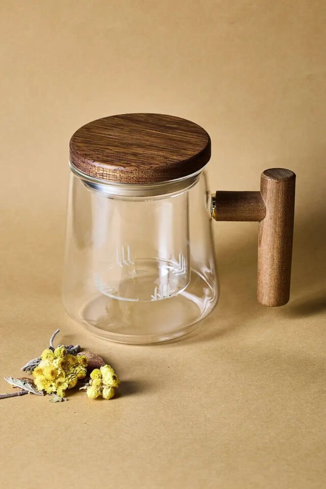 Perotti Herby Borosilikat 500 ml Cam Süzgeçli Akasya Detay Bitki Çayı Kupası Demliği