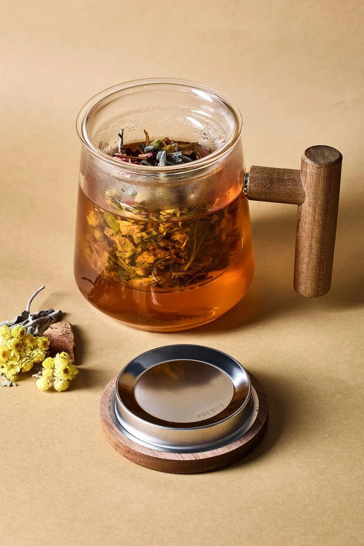 Perotti Herby Borosilikat 500 ml Cam Süzgeçli Akasya Detay Bitki Çayı Kupası Demliği