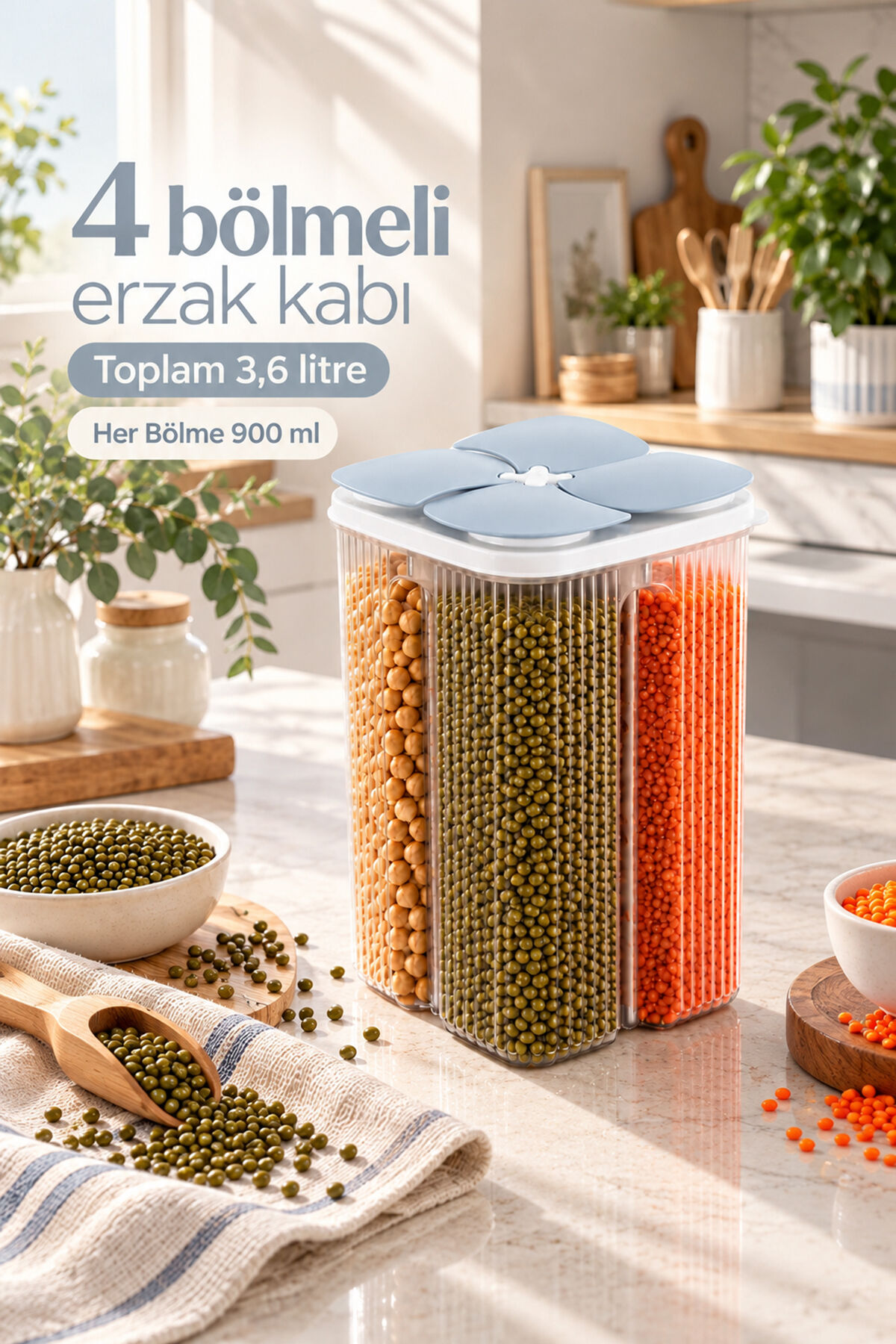 Porsima 4 Bölmeli Erzak Ve Bakliyat Kavanozu 3.6 Lt - Döner / Bağımsız Kapaklı Şeffaf Kiler Saklama Kabı (Mavi)