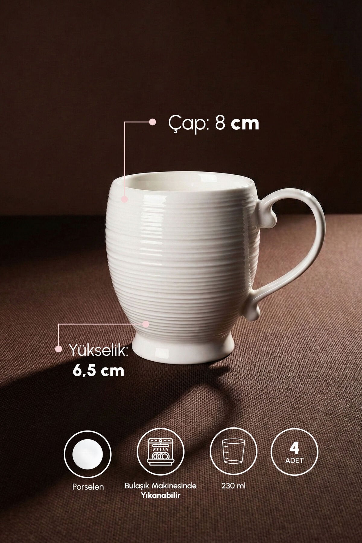 Perotti Pure Line 4lü Saf Beyaz Porselen Kupa Seti 230 ml