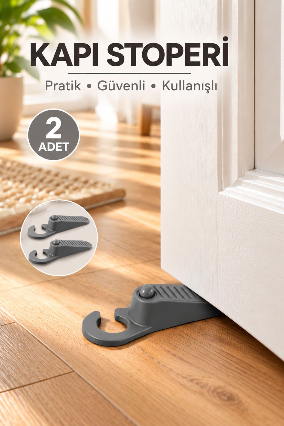 Porsima 2'li Kapı Koluna Asılabilir Kapı Stoperi 13 Cm - Kaymaz Tabanlı Antrasit Kapı Tutucu
