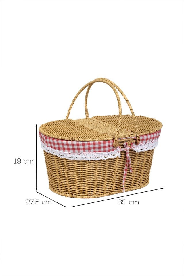 Porsima Pbt-921 Oval Form Nostaljik Piknik Sepeti - Pötikare Astarlı Çift Kapaklı Hasır Görünümlü Kamp Sepeti