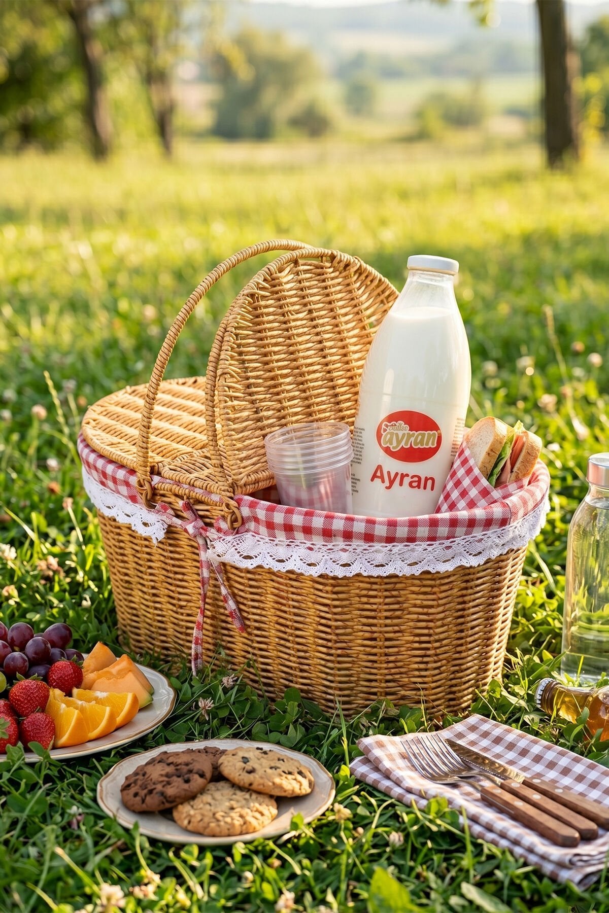 Porsima Pbt-921 Oval Form Nostaljik Piknik Sepeti - Pötikare Astarlı Çift Kapaklı Hasır Görünümlü Kamp Sepeti