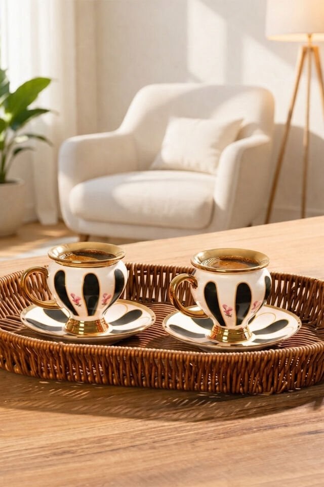 Perotti 16993-1 Otto Altın Yaldızlı Porselen 6 Kişilik Fincan Seti 12 Parça Türk Kahvesi Fincanı Takımı-90ml