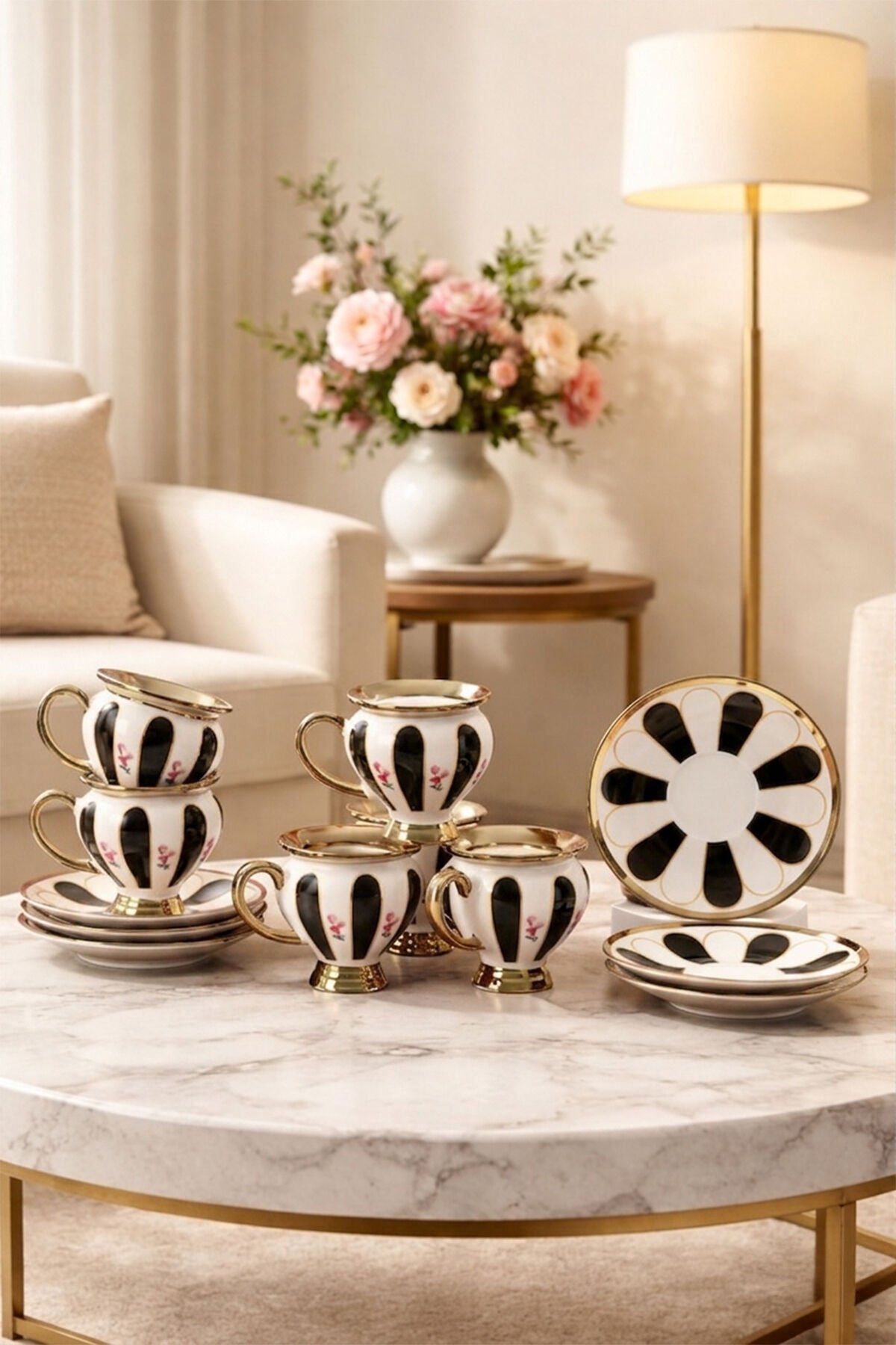 Perotti 16993-1 Otto Altın Yaldızlı Porselen 6 Kişilik Fincan Seti 12 Parça Türk Kahvesi Fincanı Takımı-90ml