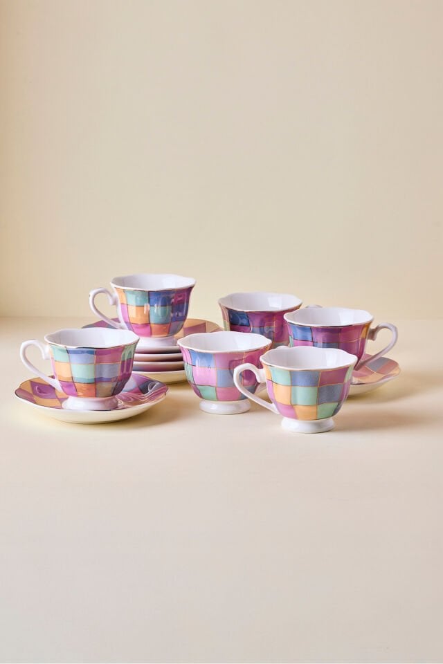 Perotti 17927 Antik 12 Parça 6 Kişilik Renkli Mozaik Porselen Kahve Fincanı Takımı