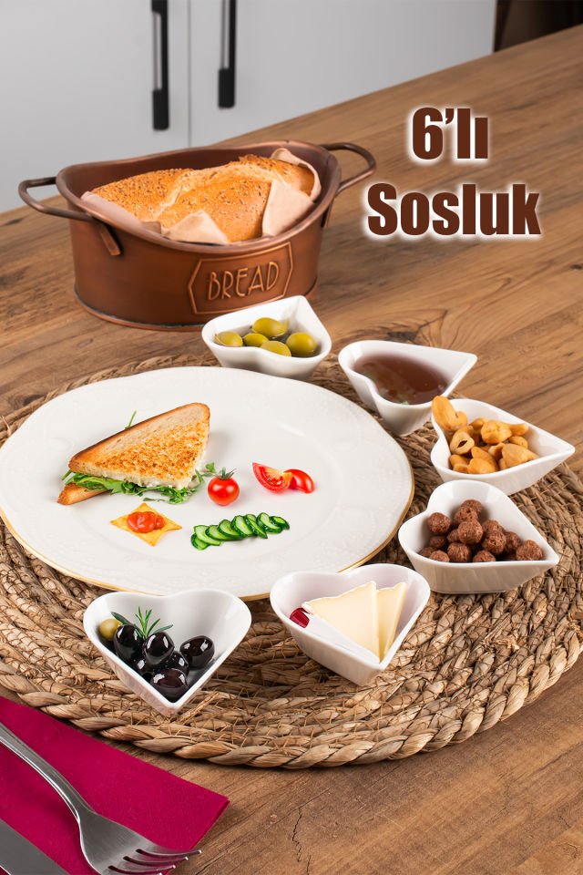 Porsima Bone 15689 6lı Kalpli Sunumluk Kase Mini Çerezlik Şekerlik Reçellik Sosluk Çerezlik Kase Seti