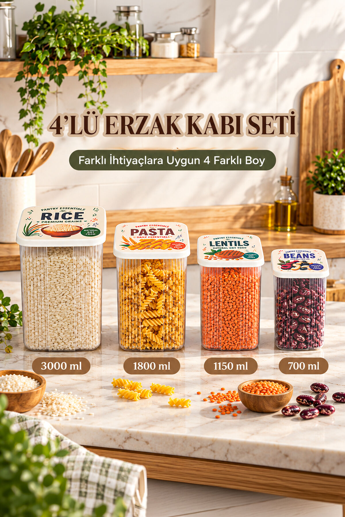 Porsima 4'lü Desenli Kare Erzak Ve Bakliyat Saklama Kabı Seti - Şeffaf Çizgili Kiler Organizer Kutusu (700 ml, 1150 ml, 1800 ml, 3000 ml)