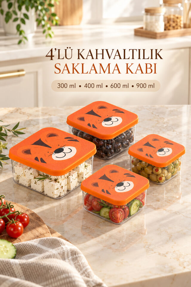 Porsima 4'lü Kaplan Figürlü Kahvaltılık Ve Saklama Kabı Seti Turuncu - Kare Erzak Kabı