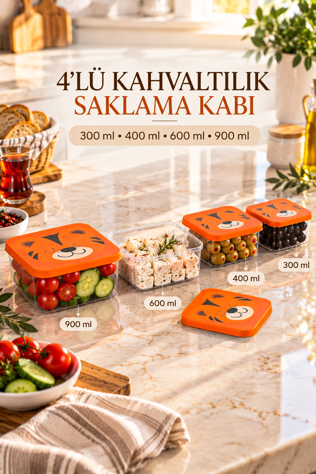 Porsima 4'lü Kaplan Figürlü Kahvaltılık Ve Saklama Kabı Seti Turuncu - Kare Erzak Kabı
