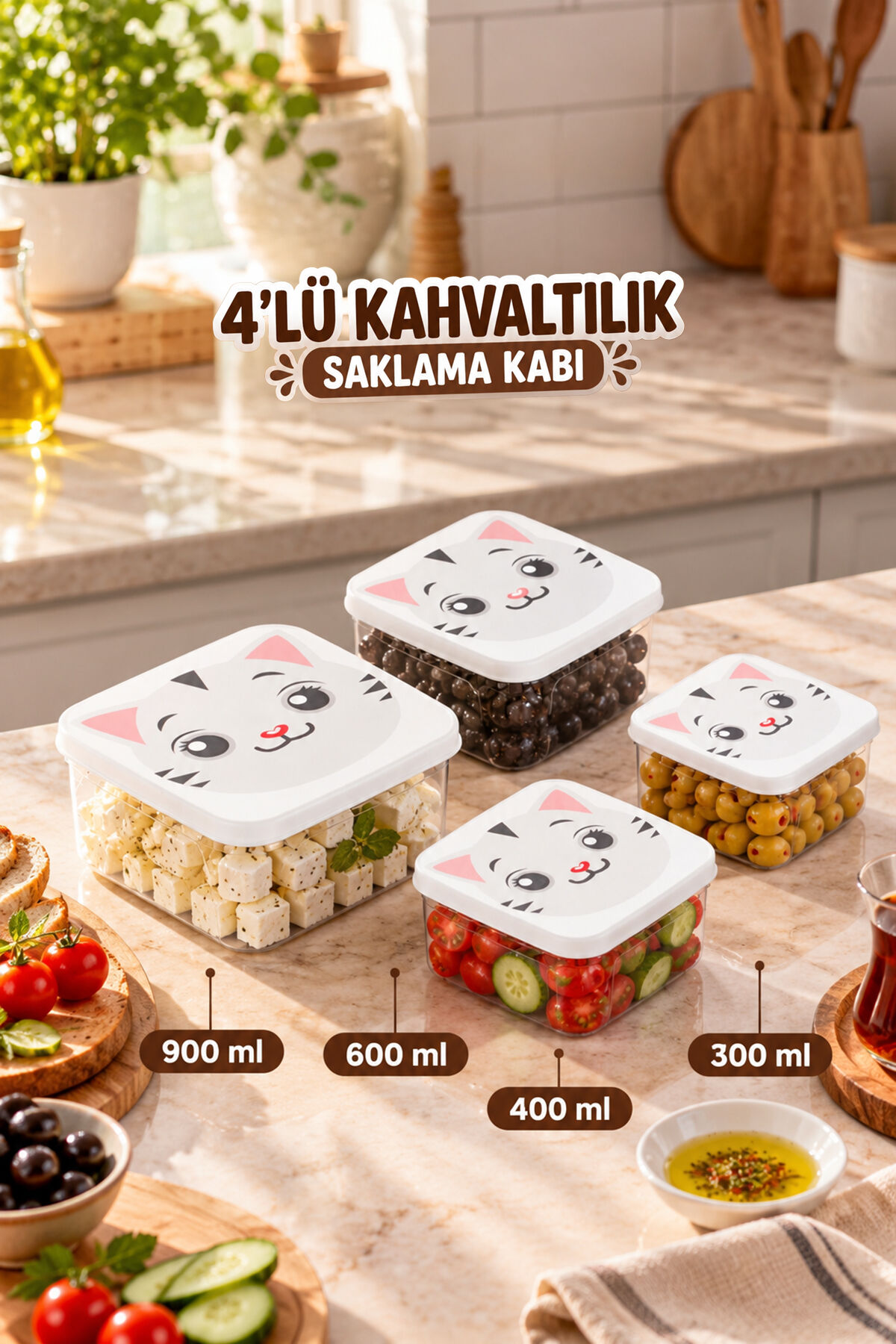 Porsima 4'lü Kedi Figürlü Kahvaltılık Ve Saklama Kabı Seti Gri Beyaz - Kare Erzak Kabı