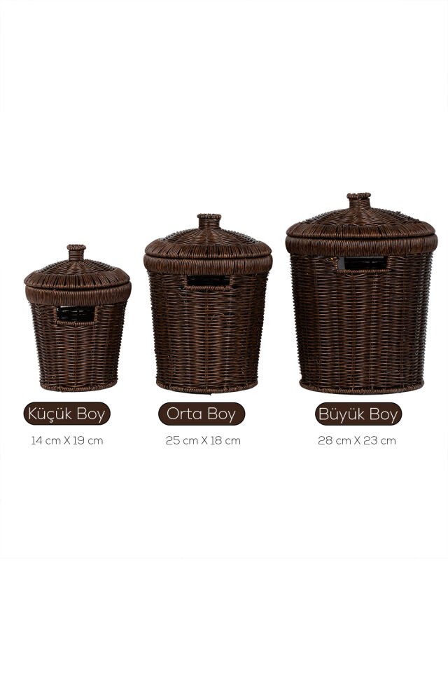 Porsima Pbt-439-1 3lü Hasır Sepet Kapaklı Bambu Sepet seti Dekoratif Banyo Mutfak Düzenleyici Organizeri