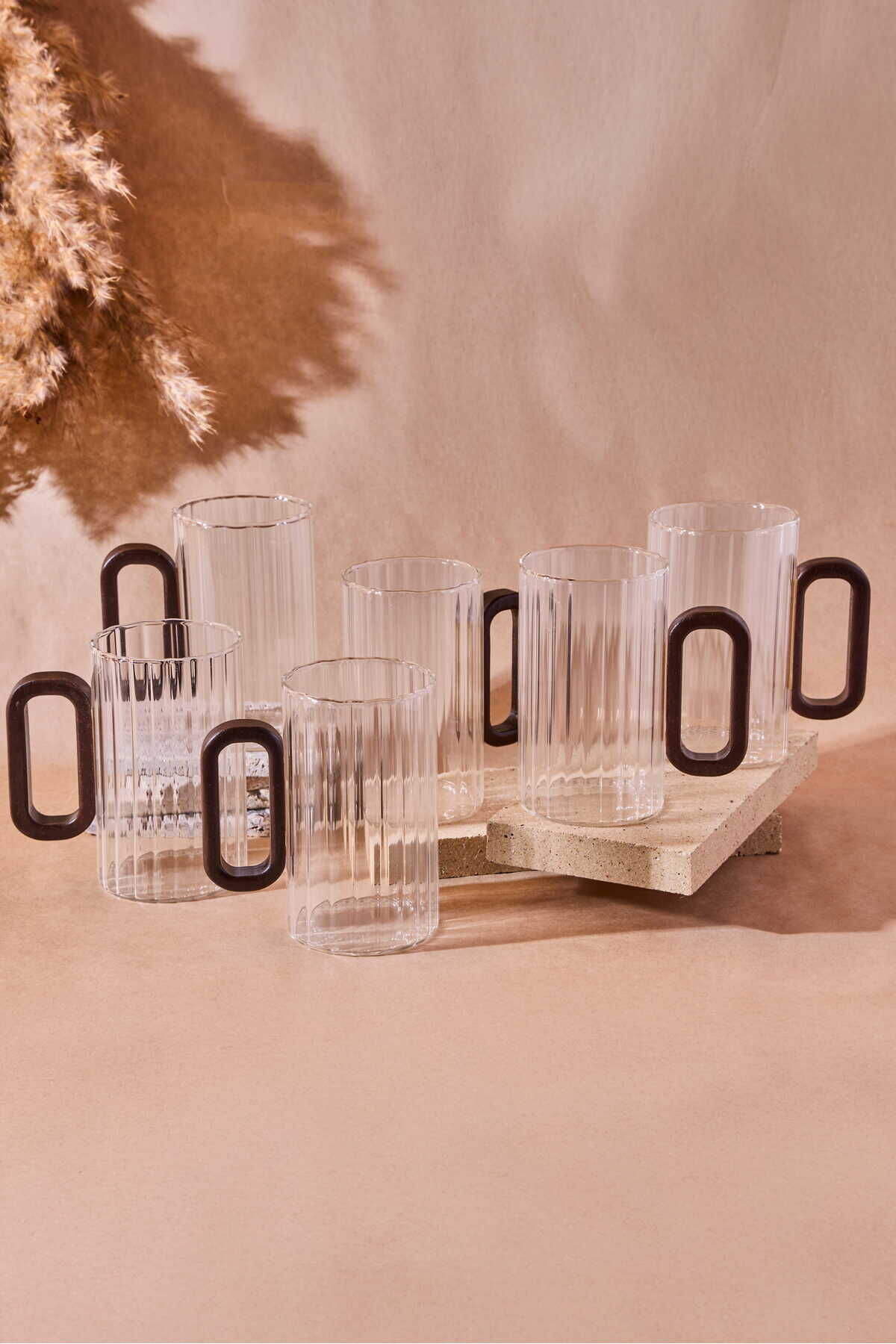 Perotti Siena 6'lı Akasya Kulplu Çizgili 350 ml Cam Kupa