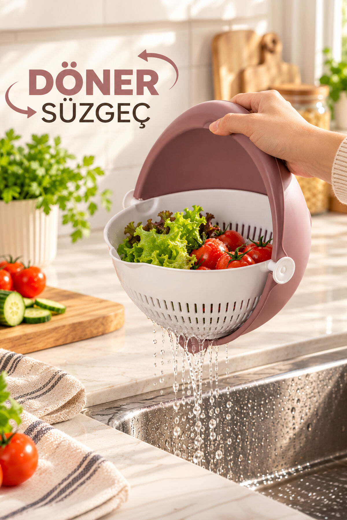 Porsima 1312 Aqua 360 Derece Döner Çift Katlı Mutfak Süzgeci 24 Cm - Kulplu Meyve, Sebze Ve Pirinç Yıkama Süzgeçli Kase (Pudra)