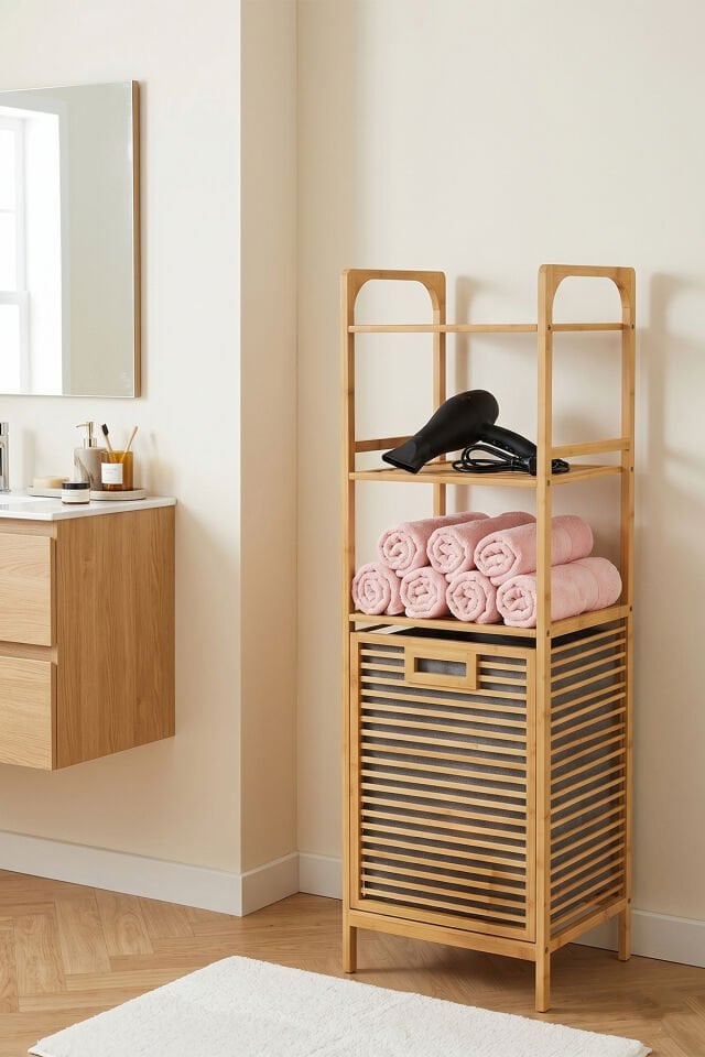 Porsima Pbt-511 Ahşap Bambu Kirli Sepetli 3 Raflı Çok Amaçlı Banyo Düzenleyici Organizer Banyo Dolabı Kirli Çamaşır Sepeti Organizeri