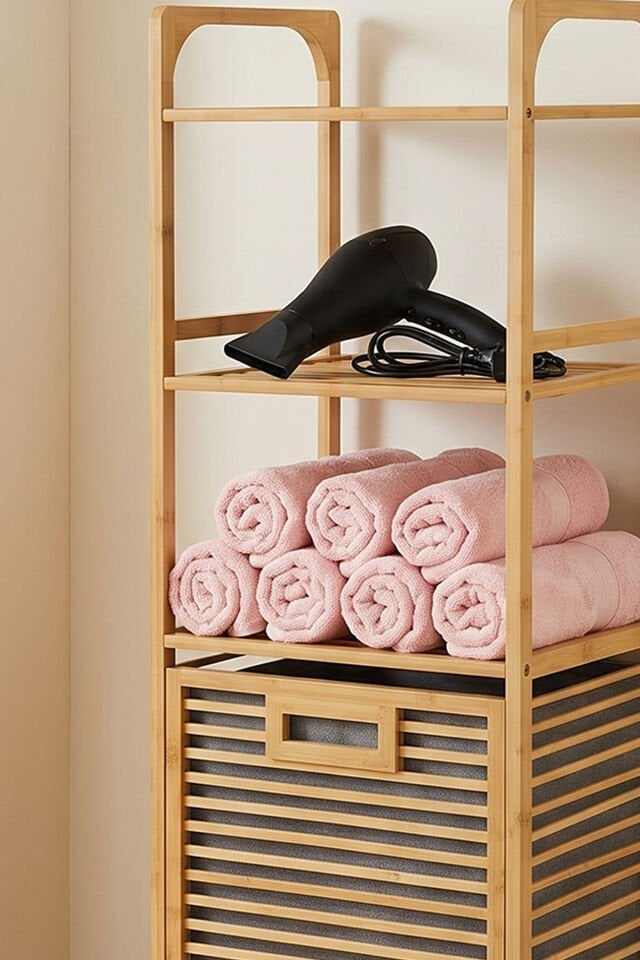 Porsima Pbt-511 Ahşap Bambu Kirli Sepetli 3 Raflı Çok Amaçlı Banyo Düzenleyici Organizer Banyo Dolabı Kirli Çamaşır Sepeti Organizeri