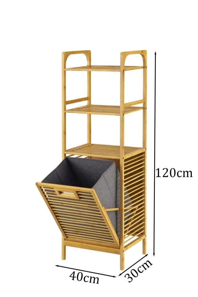 Porsima Pbt-511 Ahşap Bambu Kirli Sepetli 3 Raflı Çok Amaçlı Banyo Düzenleyici Organizer Banyo Dolabı Kirli Çamaşır Sepeti Organizeri