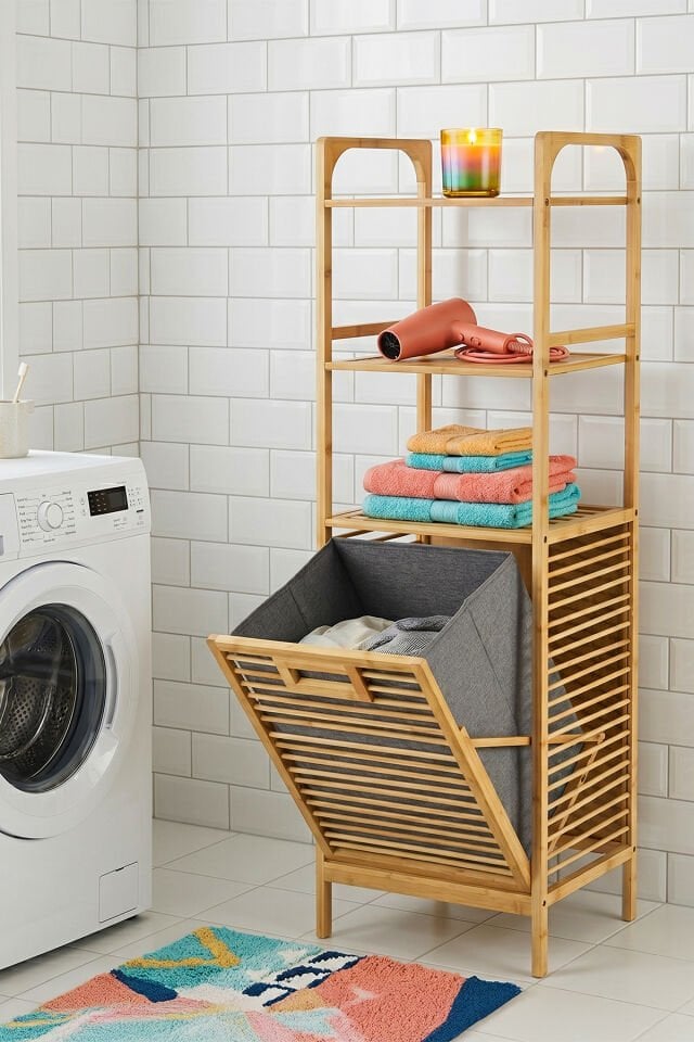 Porsima Pbt-511 Ahşap Bambu Kirli Sepetli 3 Raflı Çok Amaçlı Banyo Düzenleyici Organizer Banyo Dolabı Kirli Çamaşır Sepeti Organizeri