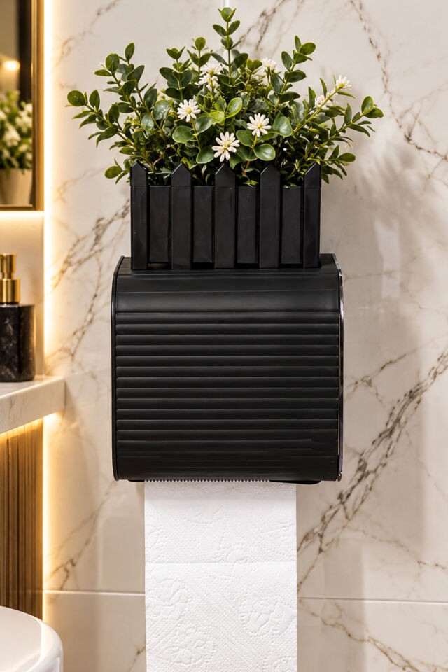 Porsima 2li Banyo Seti Yapışkanlı Banyo Tuvalet Kağıtlığı Tuvalet Fırçası Peçetelik Tuvalet Fırçalığı Siyah