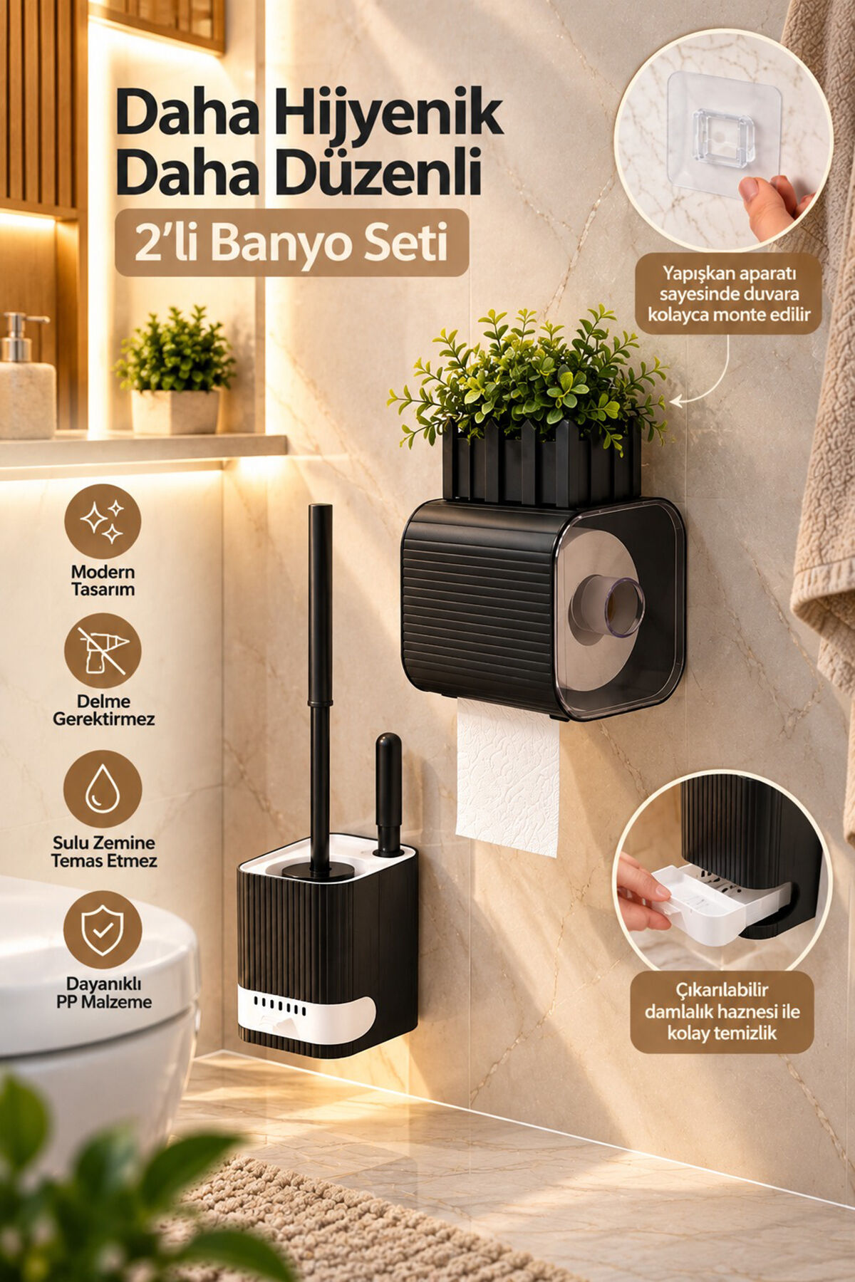 Porsima 2li Banyo Seti Yapışkanlı Banyo Tuvalet Kağıtlığı Tuvalet Fırçası Peçetelik Tuvalet Fırçalığı Siyah