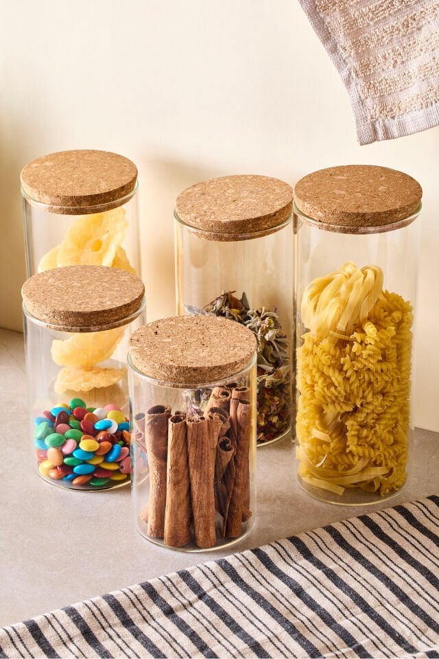 Perotti Cork 5'li Borosilikat Cam Kavanoz Seti Mantar Kapaklı 600-800-1000 ml