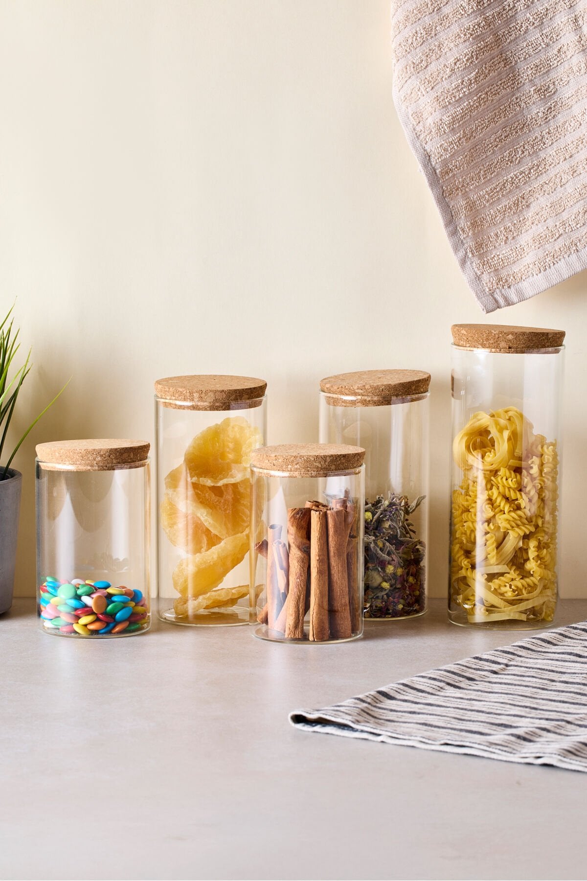 Perotti Cork 5'li Borosilikat Cam Kavanoz Seti Mantar Kapaklı 600-800-1000 ml