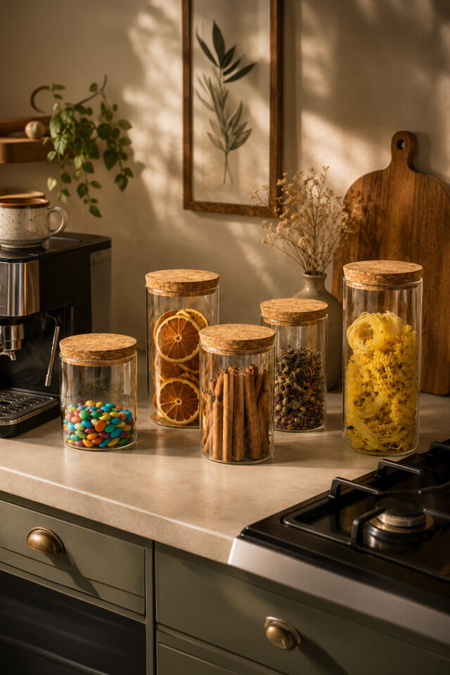Perotti Cork 5'li Borosilikat Cam Kavanoz Seti Mantar Kapaklı 600-800-1000 ml