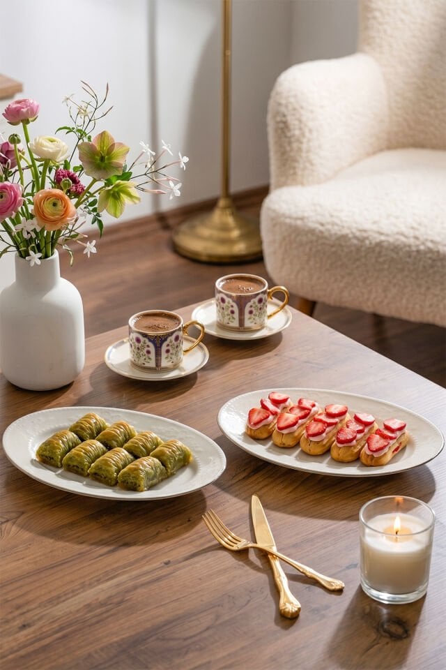 Porsima 4458 Burçak Porselen Platin Fileli Kayık Tabak Seti - Oval Kahvaltılık Sunumluk Seti 25cm