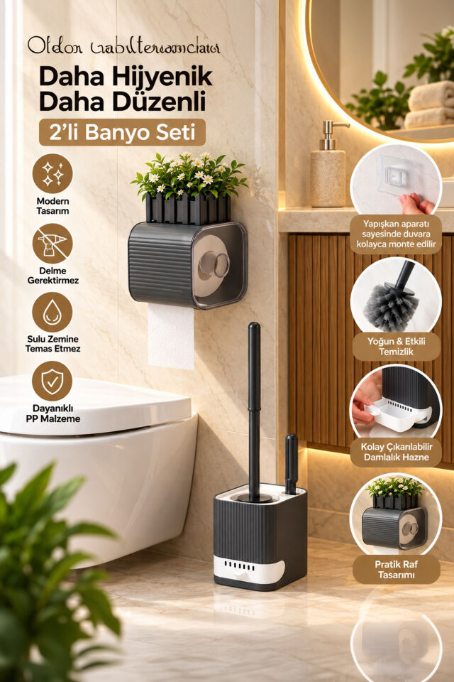 Porsima 2li Banyo Seti Yapışkanlı Banyo Tuvalet Kağıtlığı Tuvalet Fırçası Peçetelik Tuvalet Fırçalığı Antrasit