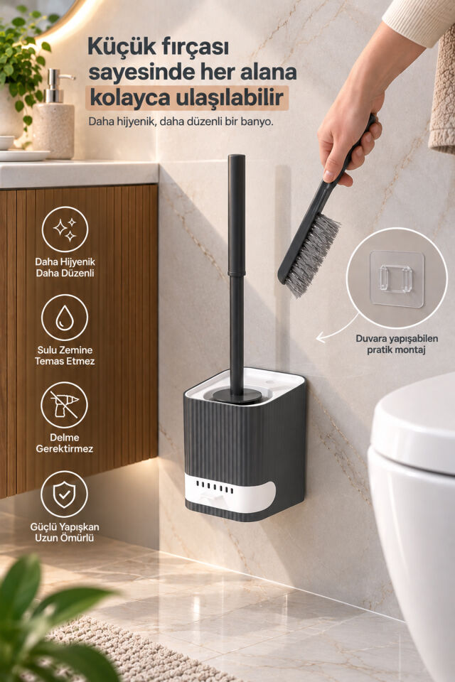 Porsima 2li Banyo Seti Yapışkanlı Banyo Tuvalet Kağıtlığı Tuvalet Fırçası Peçetelik Tuvalet Fırçalığı Antrasit