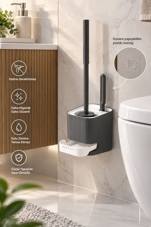 Porsima 2li Banyo Seti Yapışkanlı Banyo Tuvalet Kağıtlığı Tuvalet Fırçası Peçetelik Tuvalet Fırçalığı Antrasit