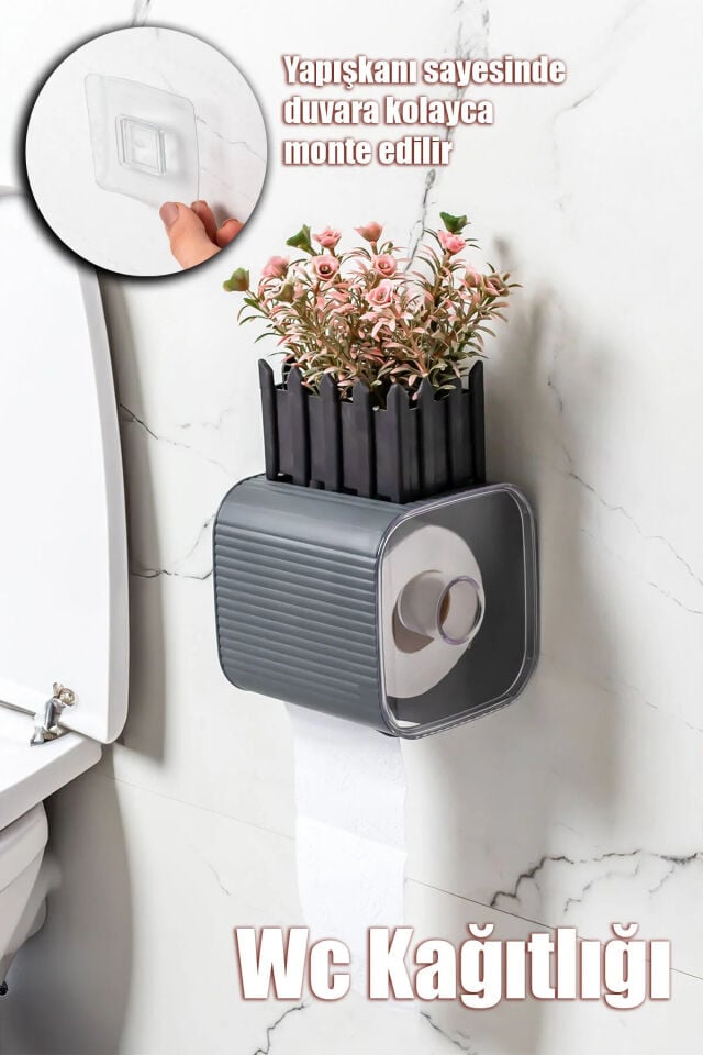 Porsima 2li Banyo Seti Yapışkanlı Banyo Tuvalet Kağıtlığı Tuvalet Fırçası Peçetelik Tuvalet Fırçalığı Antrasit