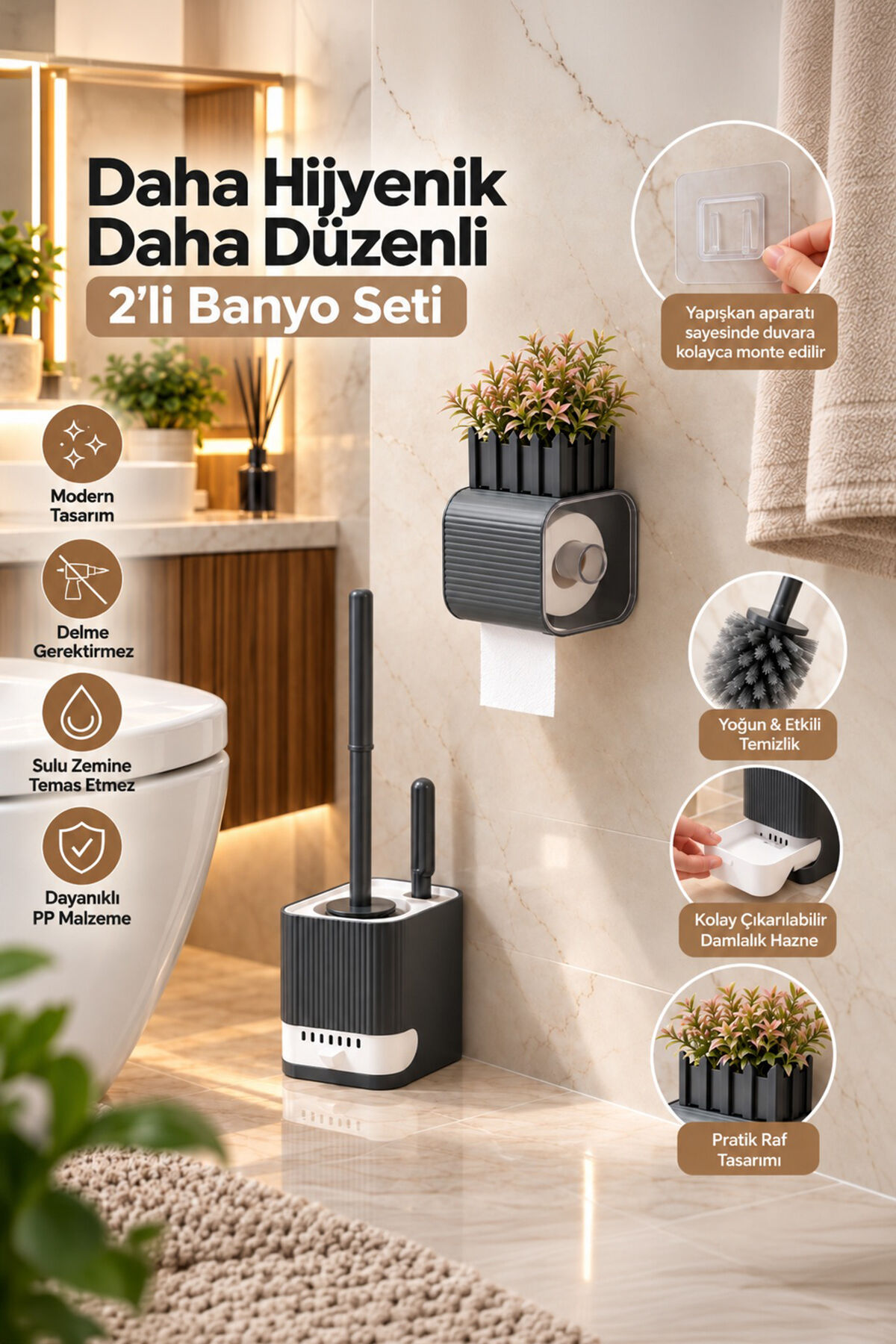 Porsima 2li Banyo Seti Yapışkanlı Banyo Tuvalet Kağıtlığı Tuvalet Fırçası Peçetelik Tuvalet Fırçalığı Antrasit