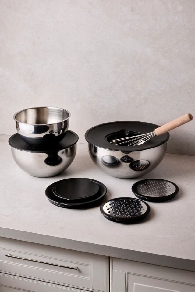 Perotti MixMate 9 Parça Rendeli Paslanmaz Çelik Karıştırma ve Saklama Kabı Seti (16-20-24 cm)