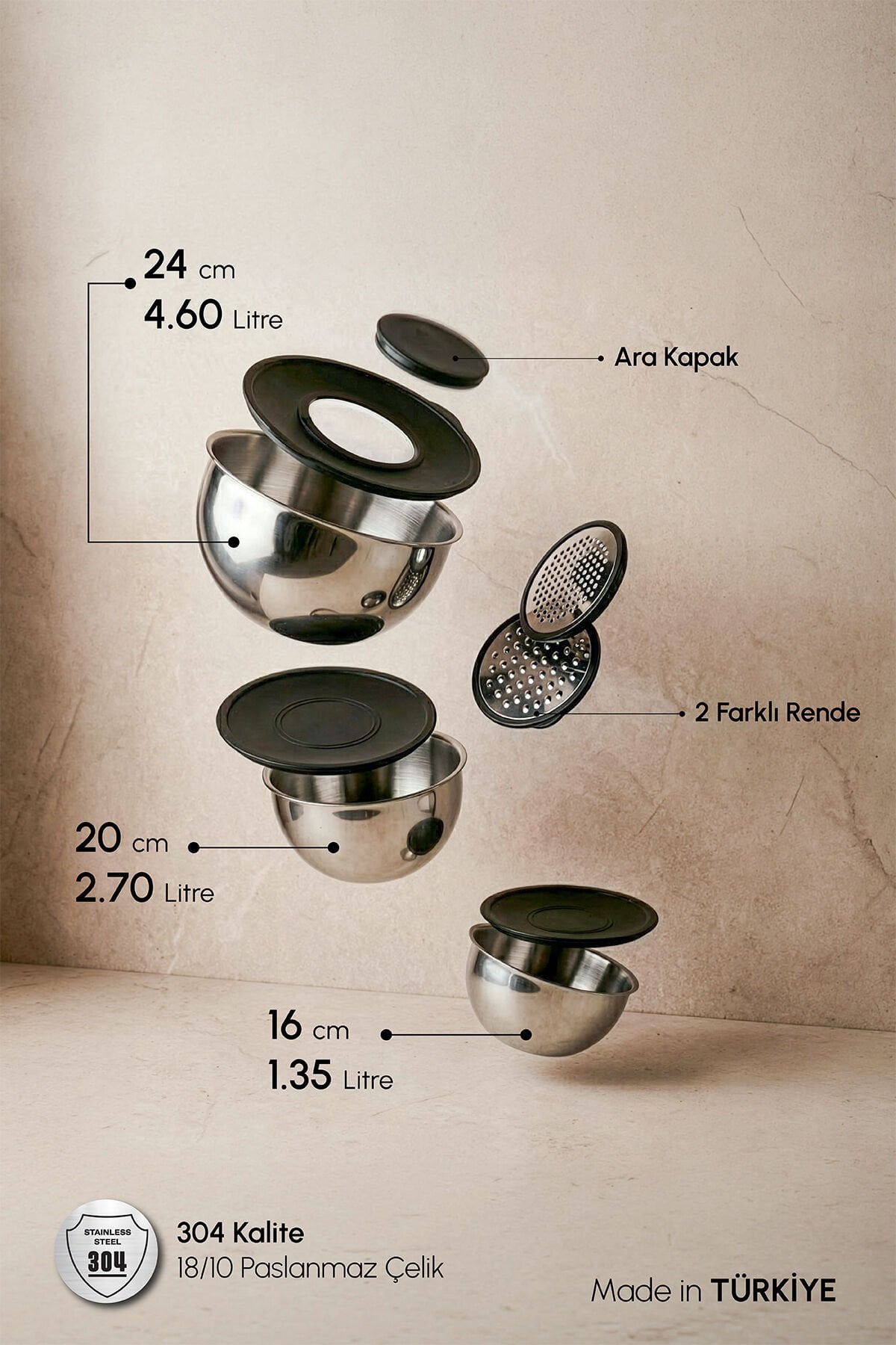 Perotti MixMate 9 Parça Rendeli Paslanmaz Çelik Karıştırma ve Saklama Kabı Seti (16-20-24 cm)