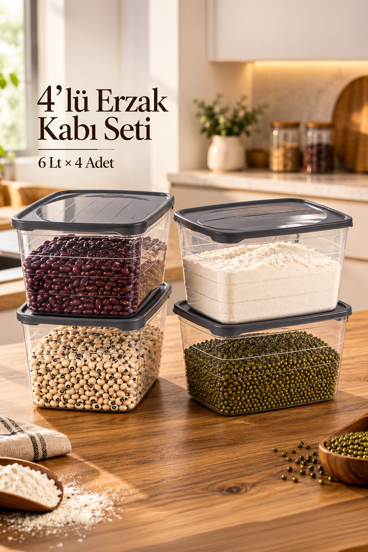 Porsima  09 1000 Koyu Gri 4'lü Uzun Trend Erzak-Bakliyat Saklama Kabı Seti – 6 L