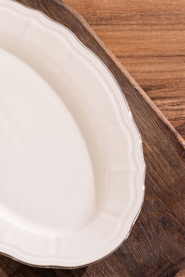 Porsima 4446 Tiffany Porselen Platin Fileli Kayık Tabak Seti - Oval Kahvaltılık Sunumluk Seti 30cm