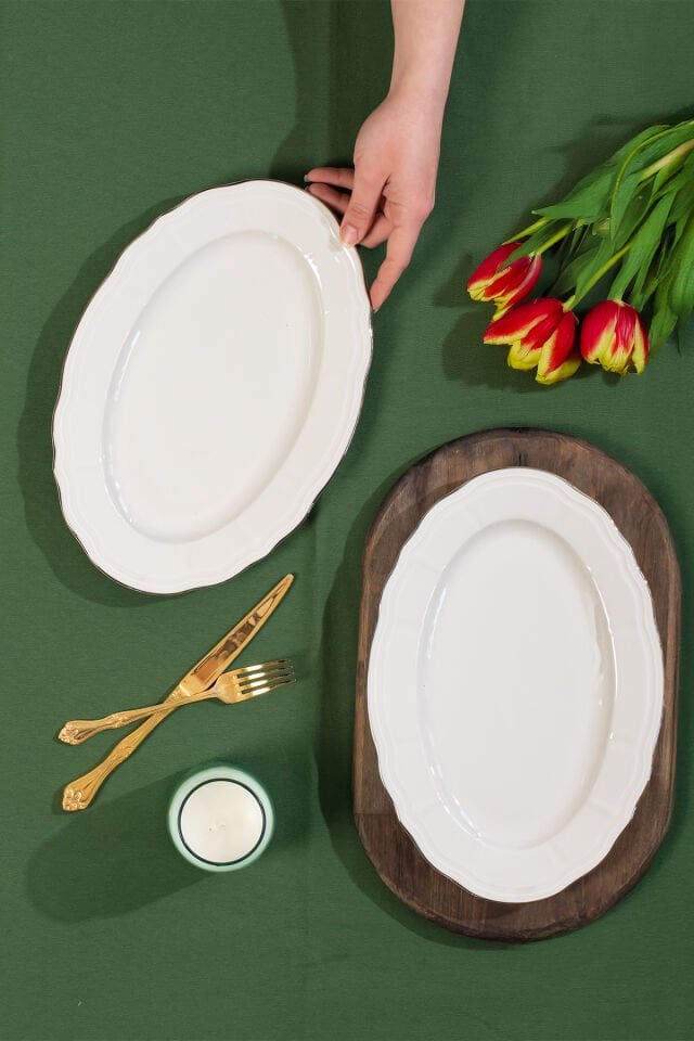 Porsima 4446 Tiffany Porselen Platin Fileli Kayık Tabak Seti - Oval Kahvaltılık Sunumluk Seti 30cm