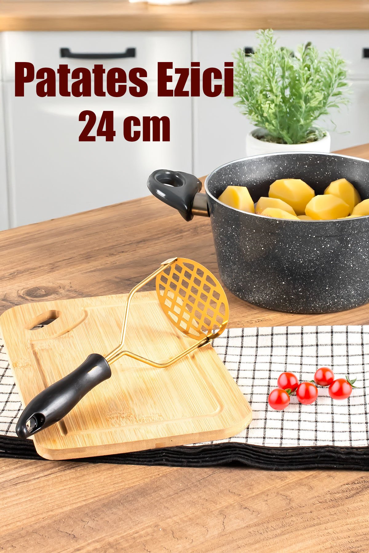 Porsima Patates Ezici Paslanmaz Metal Patates Ezici Püre Yapıcı Renkli Patates Ezeceği 24cm - Siyah