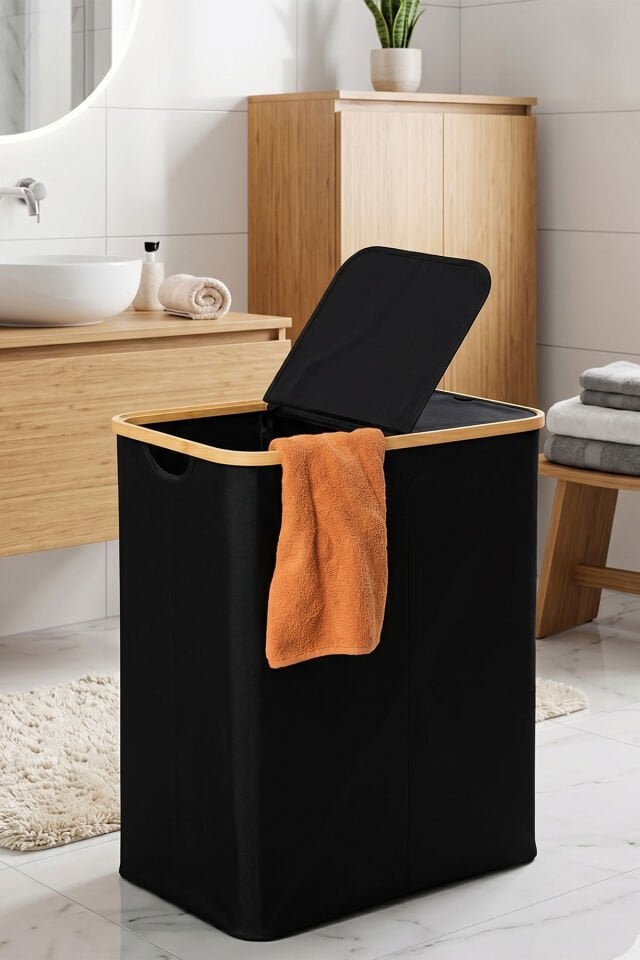 Porsima PBT-717 Bambu 2 Bölmeli Keten Banyo Kirli Çamaşır Sepeti Banyo Düzenleyici Sepet
