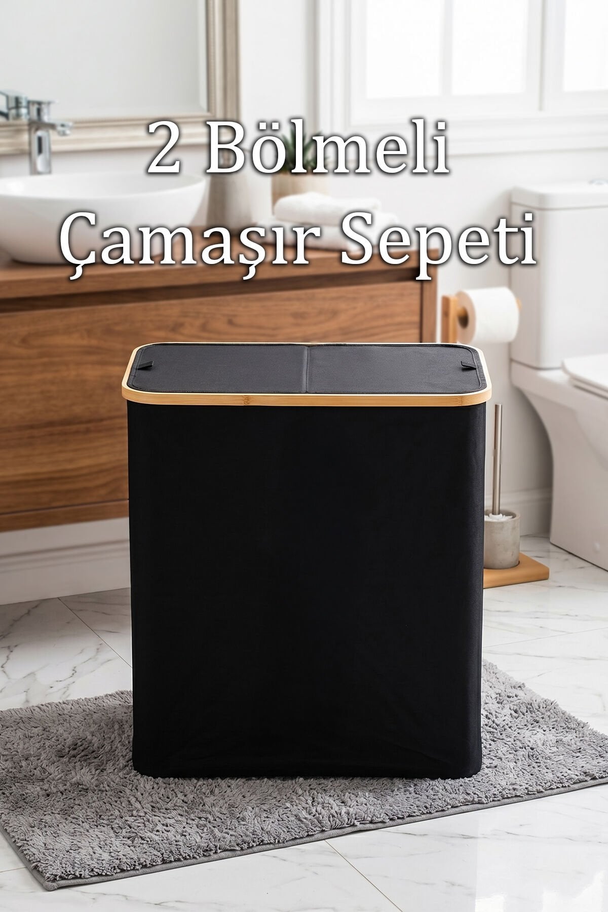 Porsima PBT-717 Bambu 2 Bölmeli Keten Banyo Kirli Çamaşır Sepeti Banyo Düzenleyici Sepet