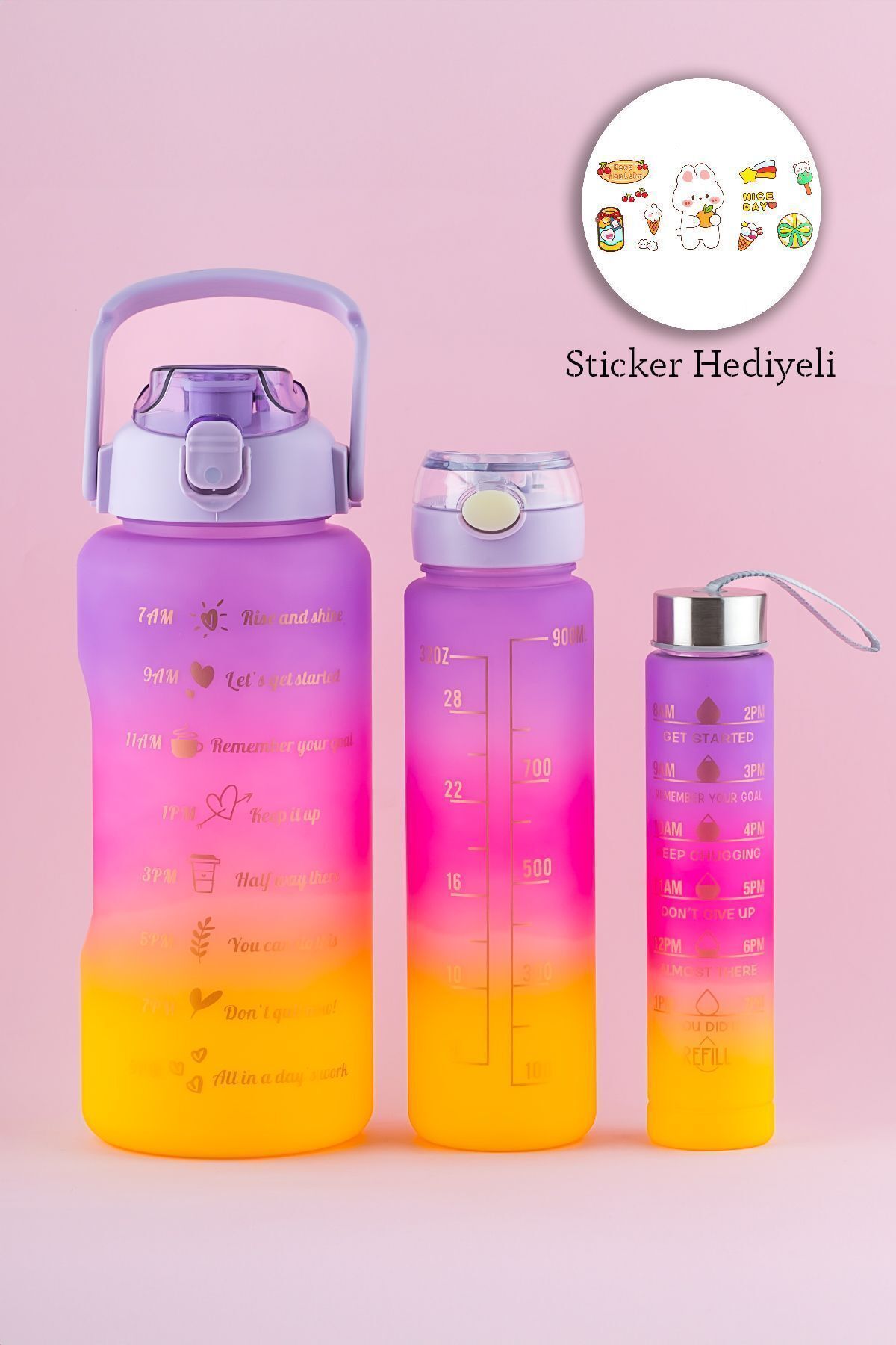 Porsima 11918 3 lü Motivasyon Stickerlı Kokusuz Spor Su Matarası - Su Şişesi - Renkli Suluk