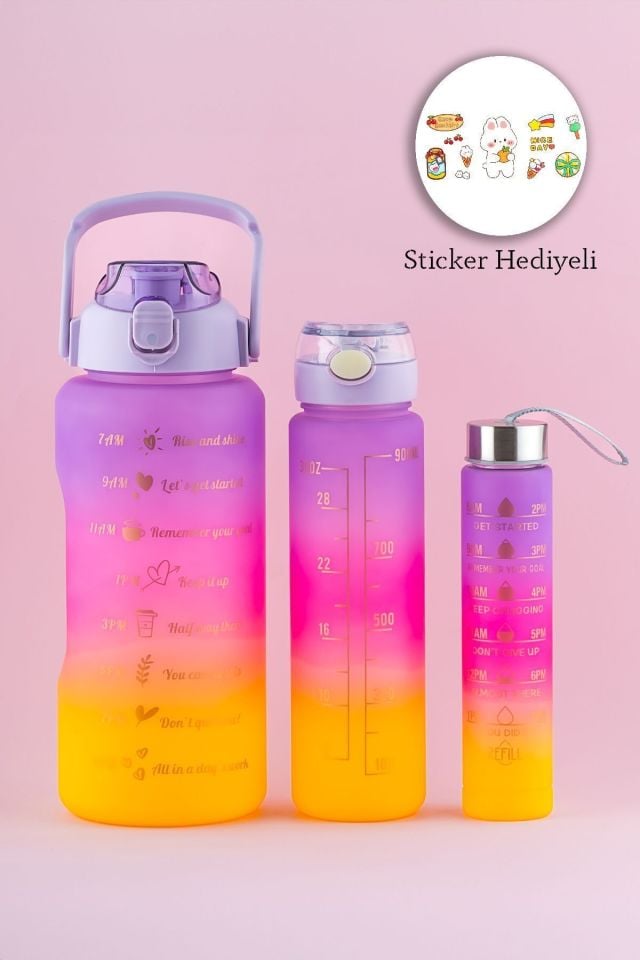 Porsima 11918 3 lü Motivasyon Stickerlı Kokusuz Spor Su Matarası - Su Şişesi - Renkli Suluk