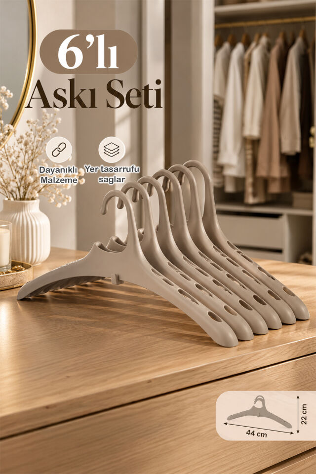 Harmoni 6 Adet İç İçe Geçen Askı Plastik Elbise Askısı Kaymaz Tasarımlı Askı 44 cm Krem